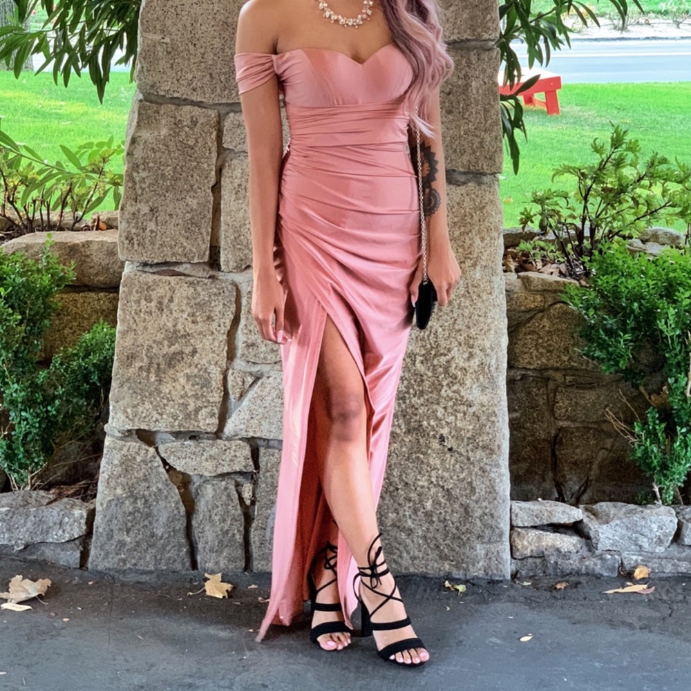 Dusty Rose High Slit Off Shoulder Silky Gown